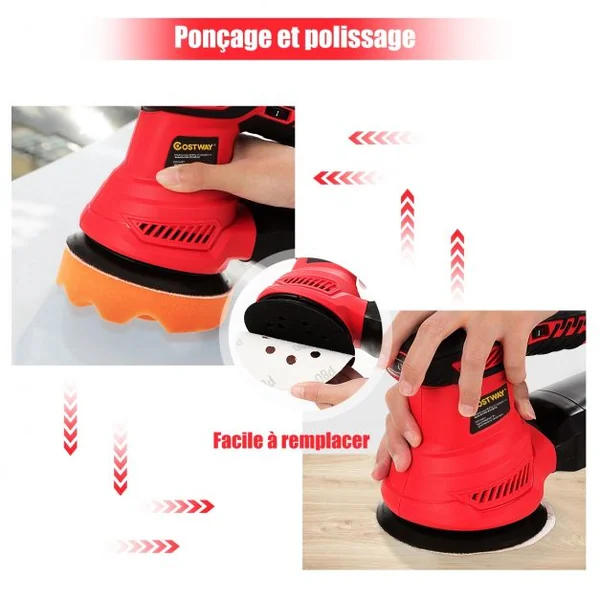 Ponceuse Excentrique 300W Diamètre 125MM 6 Vitesses Variables 6000-13000 tr/min avec 12 Papiers de Verre et Sac à Poussière