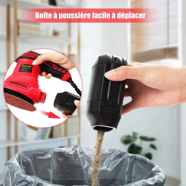Ponceuse Excentrique 300W Diamètre 125MM 6 Vitesses Variables 6000-13000 tr/min avec 12 Papiers de Verre et Sac à Poussière