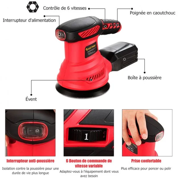 Ponceuse Excentrique 300W Diamètre 125MM 6 Vitesses Variables 6000-13000 tr/min avec 12 Papiers de Verre et Sac à Poussière
