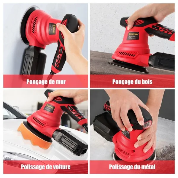 Ponceuse Excentrique 300W Diamètre 125MM 6 Vitesses Variables 6000-13000 tr/min avec 12 Papiers de Verre et Sac à Poussière