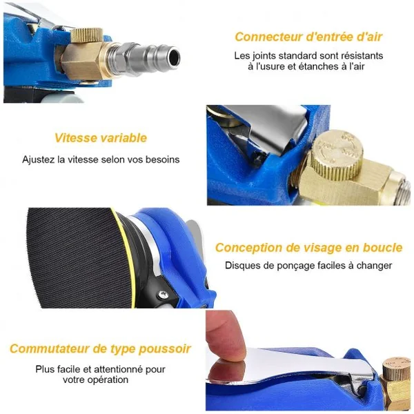 Ponceuse Orbitale Aléatoire Pneumatique 150mm 10000rpm Vitesse Réglable Pression D'air 6,3 Bars en Pvc Métal 17x15x12cm