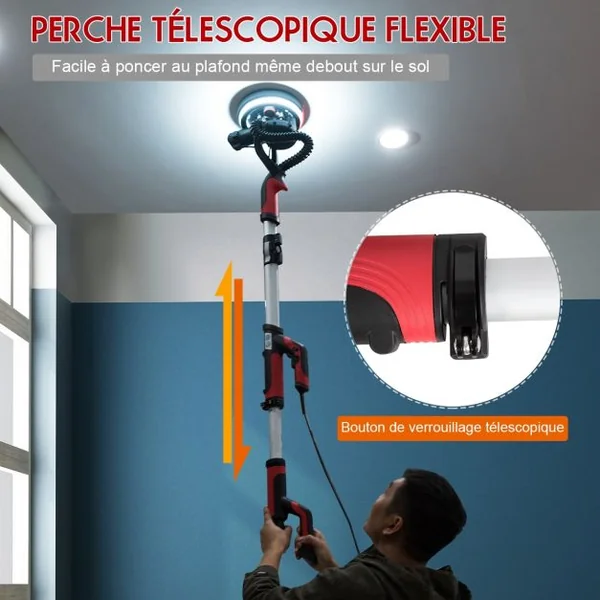 Ponceuse pour Cloison Sèche Electrique 750w Manche Télescopique 123-175cm 6 Papiers de Verre de Ø 225 mm Accessoires