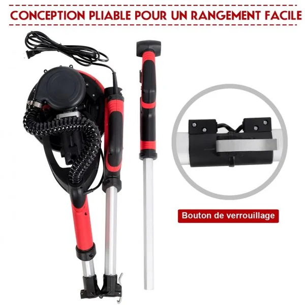 Ponceuse pour Cloison Sèche Electrique 750w Manche Télescopique 123-175cm 6 Papiers de Verre de Ø 225 mm Accessoires