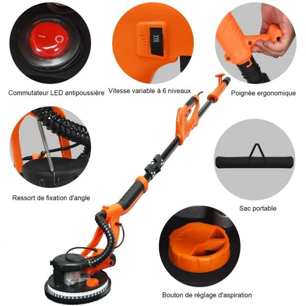 Ponceuse à Plâtre Murale 750W Ø 225mm Aluminium 6 Vitesses Variables Lumières LED Manche Télescopique 12 Disques Abrasifs