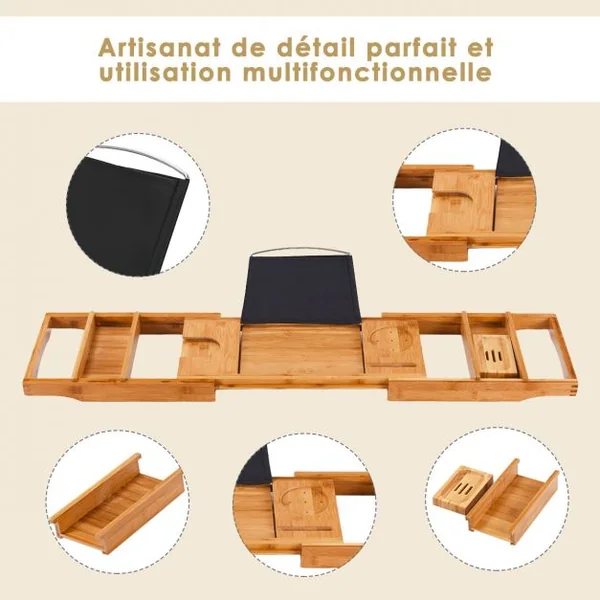 Pont de Baignoire Extensible Plateau Baignoire en Bambou 75 - 108,5 x 23 x 5cm