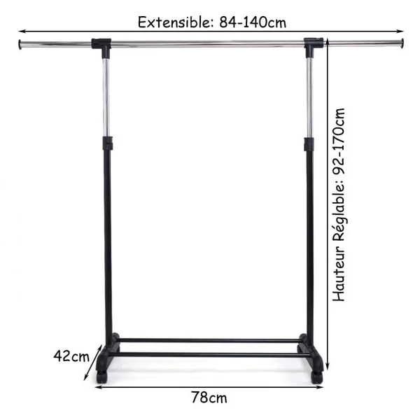 Portant Penderie à Vêtements Mobile Télescopique en Acier inoxydable Hauteur et Largeur Réglables, Capacité 90kg, Roulettes