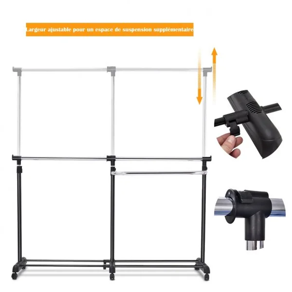 Portant à Vêtement Mobile et Télescopique Hauteur Largeur Réglables Capacité 20kg 91-160x43x93-168cm Noir et Argent