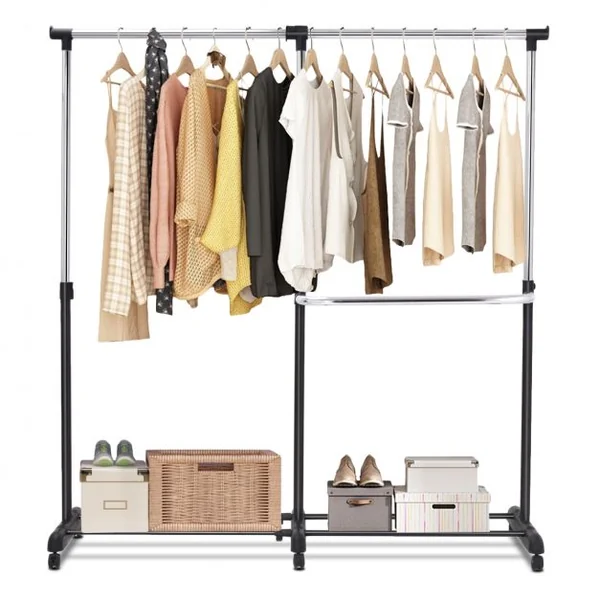 Portant à Vêtement Mobile et Télescopique Hauteur Largeur Réglables Capacité 20kg 91-160x43x93-168cm Noir et Argent