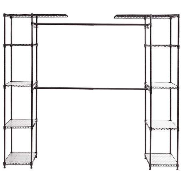 Portant à Vêtements 2 Tringles Télescopiques 10 Etagères 80 kg max en Acier et Plastique, 147/207x35x178cm, Café