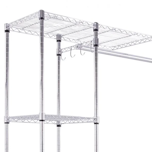 Portant à Vêtements 2 Tringles Télescopiques 10 Etagères 80 kg max en Acier et Plastique, 147/207x35x178cm, Noir/Café