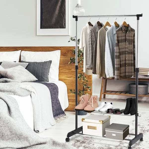 Portant à Vêtements Mobile et Télescopique avec Étagères de Rangement Capacité 10kg 84x42x92-168cm Noir et Argent