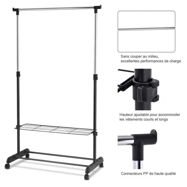 Portant à Vêtements Mobile et Télescopique avec Étagères de Rangement Capacité 10kg 84x42x92-168cm Noir et Argent