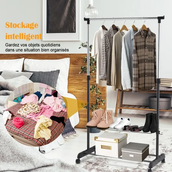 Portant à Vêtements Mobile et Télescopique avec Étagères de Rangement Capacité 10kg 84x42x92-168cm Noir et Argent