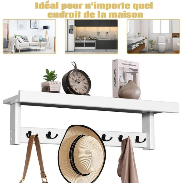 Porte Manteaux Mural Ensemble 14 Crochets 1 Etagère pour Présentoir en Bois d’Hévéa Blanc