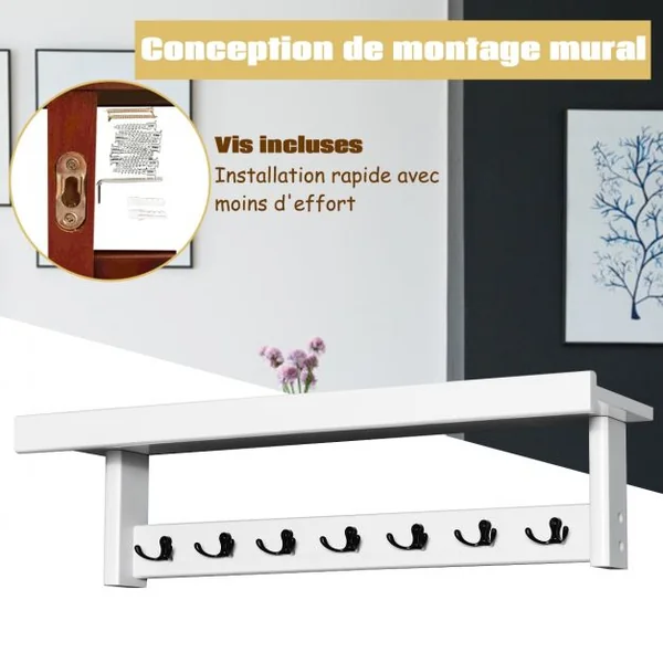 Porte Manteaux Mural Ensemble 14 Crochets 1 Etagère pour Présentoir en Bois d’Hévéa Blanc