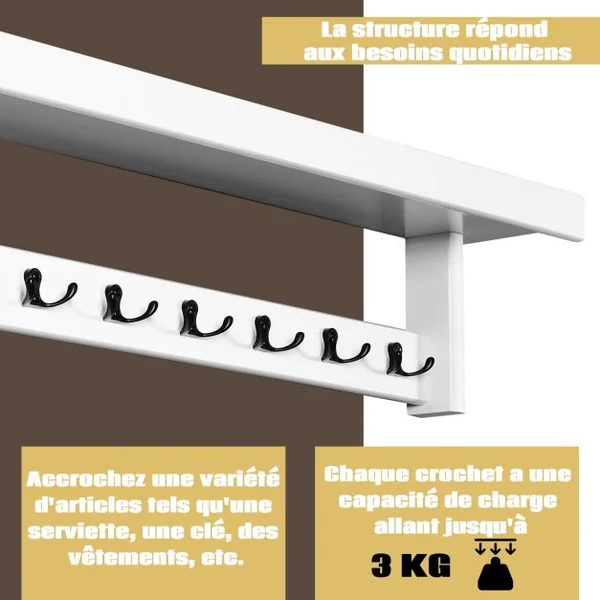 Porte Manteaux Mural Ensemble 14 Crochets 1 Etagère pour Présentoir en Bois d’Hévéa Blanc