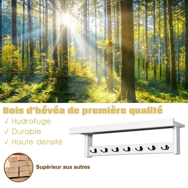 Porte Manteaux Mural Ensemble 14 Crochets 1 Etagère pour Présentoir en Bois d’Hévéa Blanc