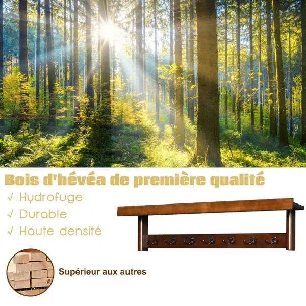 Porte Manteaux Mural Ensemble 14 Crochets 1 Etagère pour Présentoir en Bois d’Hévéa Marron