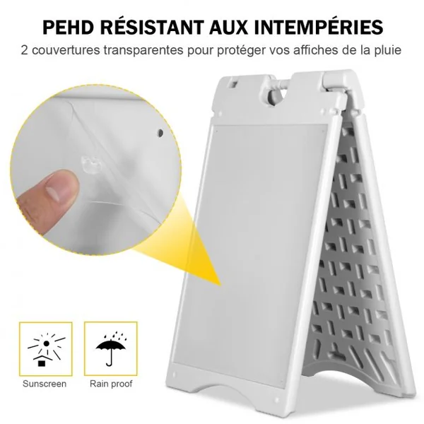 Porte-affiche A2 Panneau d’affichage Chevalet pour trottoir en HDPE 2 Films Plastiques Pliable 90,8x45,6x61cm Gris