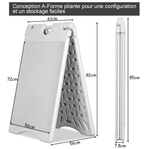 Porte-affiche A2 Panneau d’affichage Chevalet pour trottoir en HDPE 2 Films Plastiques Pliable 90,8x45,6x61cm Gris