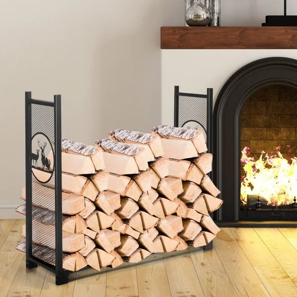 Porte-Bûches Cadre en Acier Peint avec Motif Spécial d'Elan 126,5x38x117CM Charge 200KG Noir