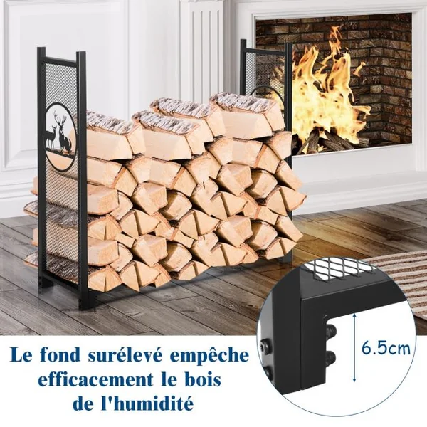 Porte-Bûches Cadre en Acier Peint avec Motif Spécial d'Elan 126,5x38x117CM Charge 200KG Noir