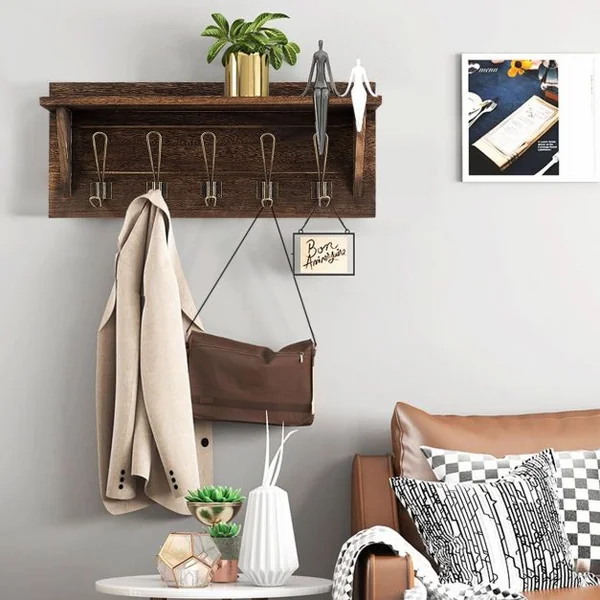 Porte-manteau Mural avec Etagère 5 Crochets Doubles en Métal 61 x 8 x 25,5 cm Marron