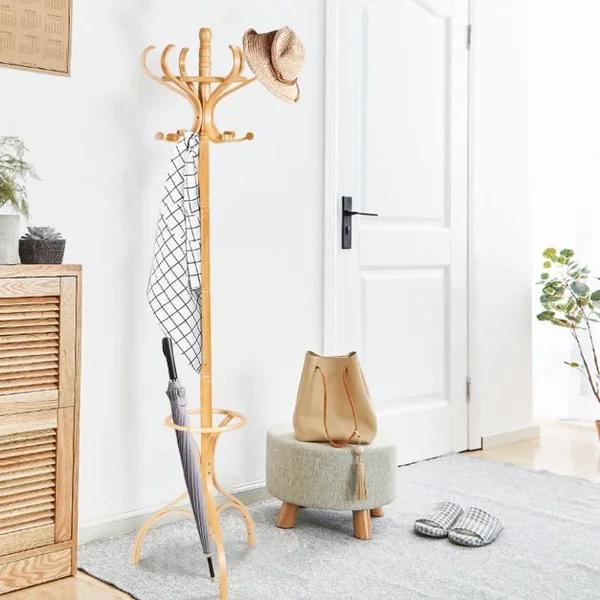Porte-manteau Sur Pied 12 Crochets en Bois Bouleau et Peuplier Dia. Base 28cm Haut 182cm Naturel
