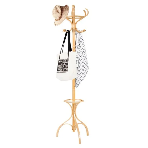 Porte-manteau Sur Pied 12 Crochets en Bois Bouleau et Peuplier Dia. Base 28cm Haut 182cm Naturel