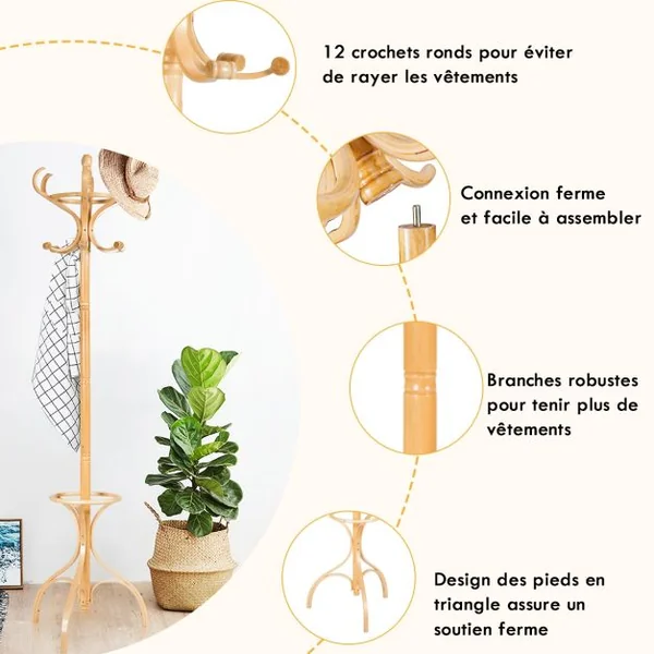 Porte-manteau Sur Pied 12 Crochets en Bois Bouleau et Peuplier Dia. Base 28cm Haut 182cm Naturel