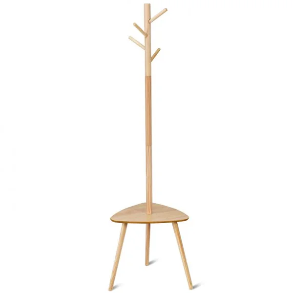 Porte-manteau sur Pied en Bois avec 4 Crochets à Vêtements et Chapeaux 1 étagère de rangement 44,5 x 44.5 x 161,5 cm