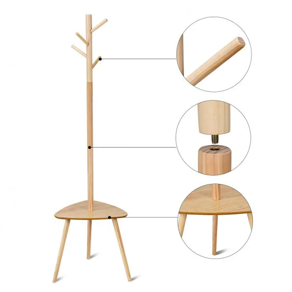 Porte-manteau sur Pied en Bois avec 4 Crochets à Vêtements et Chapeaux 1 étagère de rangement 44,5 x 44.5 x 161,5 cm