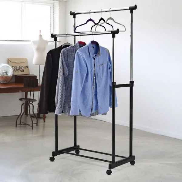 Porte-manteau sur Roulettes avec Étagère à Chaussures Portant à Vêtements Hauteur Réglable Double Barres, 84x43x168cm