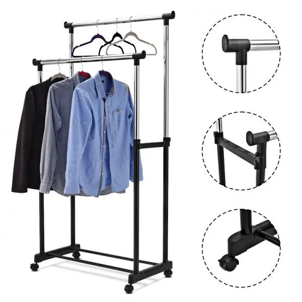 Porte-manteau sur Roulettes avec Étagère à Chaussures Portant à Vêtements Hauteur Réglable Double Barres, 84x43x168cm