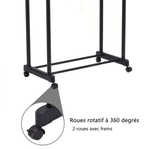 Porte-manteau sur Roulettes avec Étagère à Chaussures Portant à Vêtements Hauteur Réglable Double Barres, 84x43x168cm