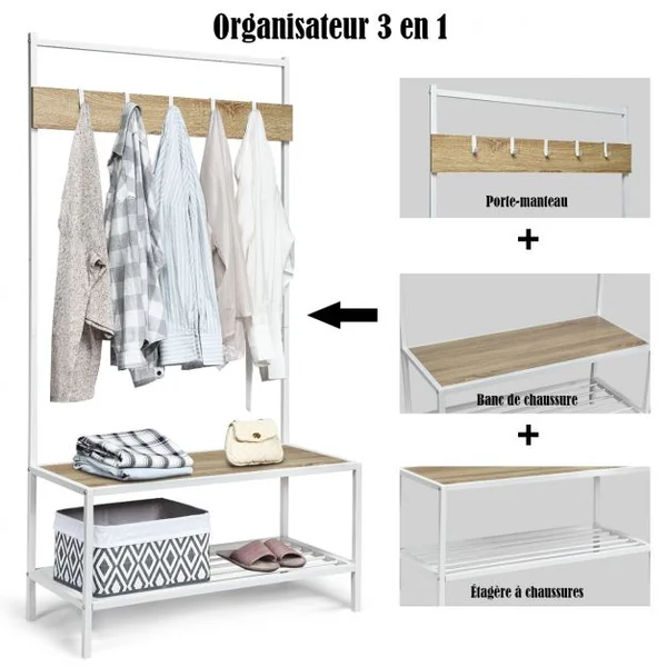 Porte-manteau Vintage à 5 Crochets avec Étagère à Chaussures et Banc en Mdf et Fer 90x40x170,5cm Blanc et Naturel