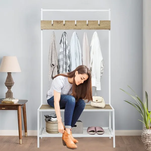 Porte-manteau Vintage à 5 Crochets avec Étagère à Chaussures et Banc en Mdf et Fer 90x40x170,5cm Blanc et Naturel