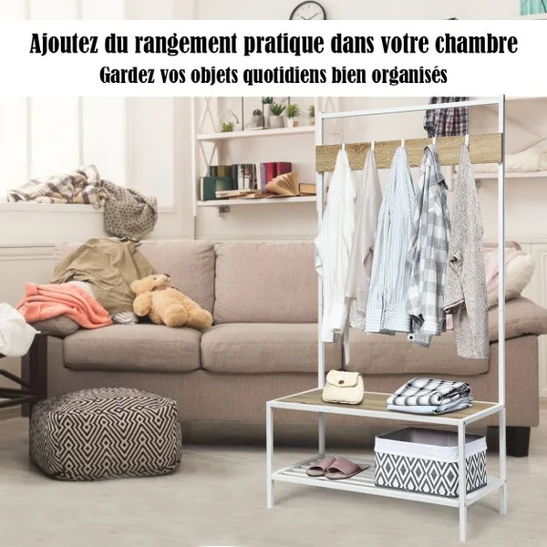 Porte-manteau Vintage à 5 Crochets avec Étagère à Chaussures et Banc en Mdf et Fer 90x40x170,5cm Blanc et Naturel