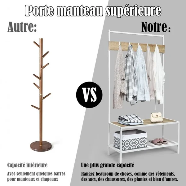 Porte-manteau Vintage à 5 Crochets avec Étagère à Chaussures et Banc en Mdf et Fer 90x40x170,5cm Blanc et Naturel