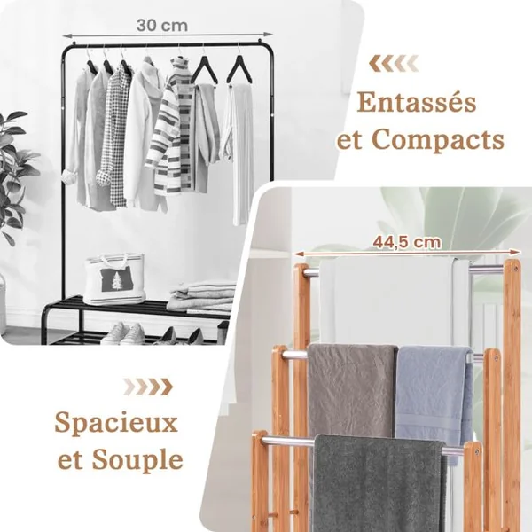Porte-serviettes et vêtements, Échelle pour serviettes Meuble serviettes 3 barres, 46 x 24 x 84 CM (L x P x H), Naturel