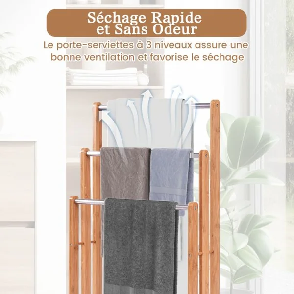 Porte-serviettes et vêtements, Échelle pour serviettes Meuble serviettes 3 barres, 46 x 24 x 84 CM (L x P x H), Naturel