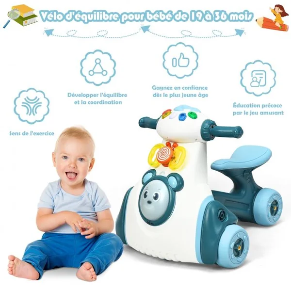Porteur Enfant Draisienne pour Apprentissage de l'Equilibre avec Musique et Lumière Bleu