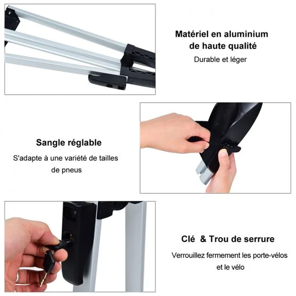 Porte-Vélo pour Barres de Toit avec Verrou Antivol pour 1 Vélo Capacité 15 Kg en Aluminium135x23,5x60cm Noir