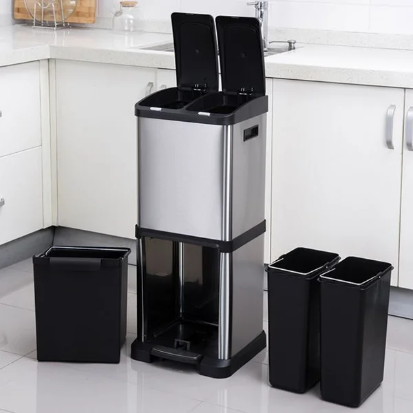 Poubelle de Tri Sélectif 3 Bacs de 8L+8L+16L Poignée Latérale en Acier Inoxydable PP ABS 30x32x77cm Noir + Argenté