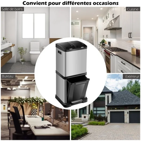 Poubelle de Tri Sélectif 3 Bacs de 8L+8L+16L Poignée Latérale en Acier Inoxydable PP ABS 30x32x77cm Noir + Argenté