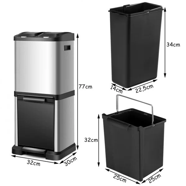 Poubelle de Tri Sélectif 3 Bacs de 8L+8L+16L Poignée Latérale en Acier Inoxydable PP ABS 30x32x77cm Noir + Argenté