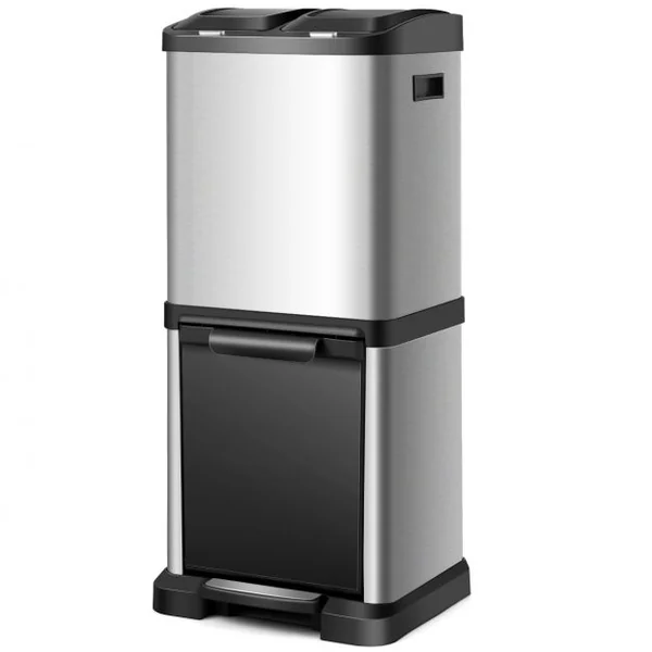 Poubelle de Tri Sélectif 3 Bacs de 8L+8L+16L Poignée Latérale en Acier Inoxydable PP ABS 30x32x77cm Noir + Argenté