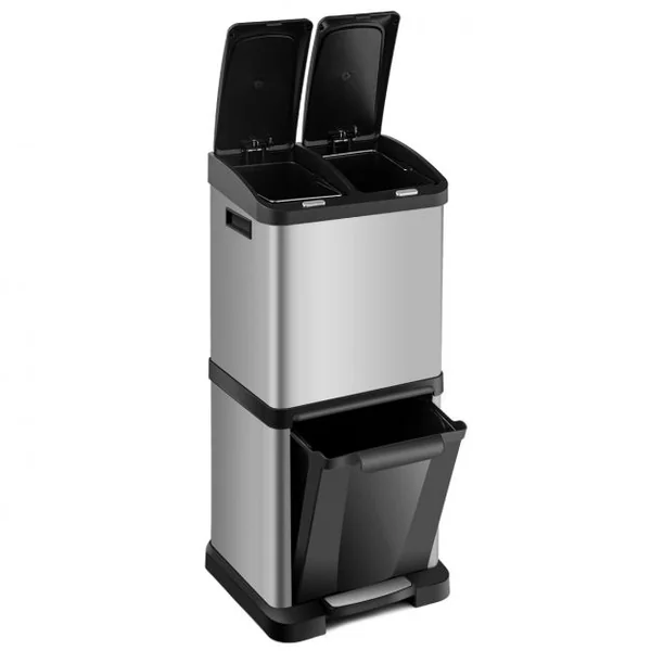 Poubelle de Tri Sélectif 3 Bacs de 8L+8L+16L Poignée Latérale en Acier Inoxydable PP ABS 30x32x77cm Noir + Argenté