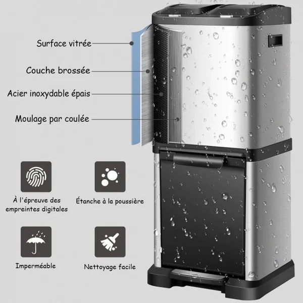 Poubelle de Tri Sélectif 3 Bacs de 8L+8L+16L Poignée Latérale en Acier Inoxydable PP ABS 30x32x77cm Noir + Argenté