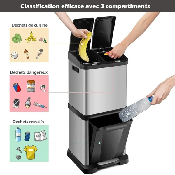 Poubelle de Tri Sélectif 3 Bacs de 8L+8L+16L Poignée Latérale en Acier Inoxydable PP ABS 30x32x77cm Noir + Argenté
